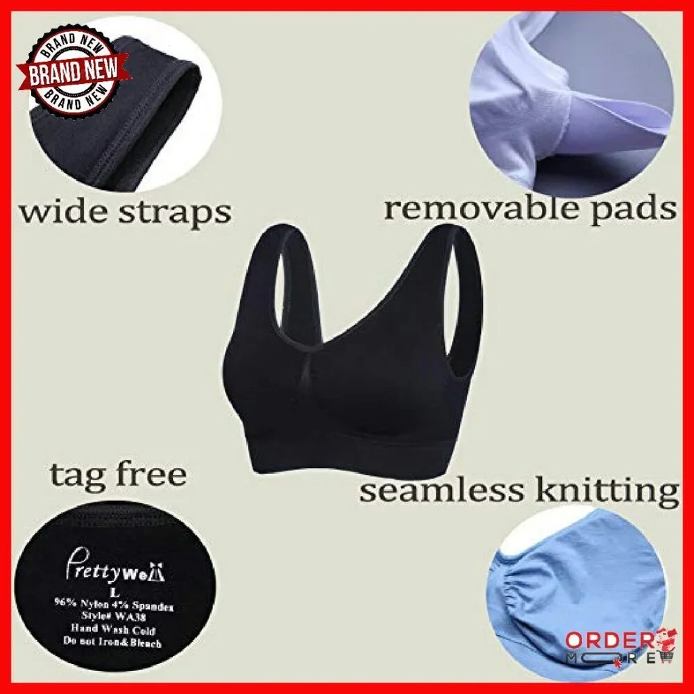 Wireless Seamless Sports Bra 3-Pack with Removable Pads for Yoga Sleep